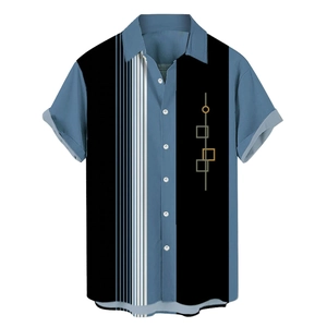 Men's summer short sleeve shirt with grey-blue and black geometric block print