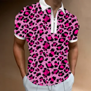 Detail of pink and black leopard print polo shirt with white collar and silver zipper