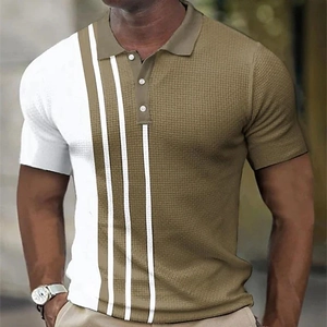 Men's khaki waffle knit polo shirt with stylish vertical white stripes and 3-button collar