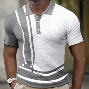 Men's waffle knit short sleeve polo shirt with grey and white color block stripes
