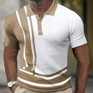 Men's waffle knit short sleeve polo shirt with khaki and white vertical stripe design