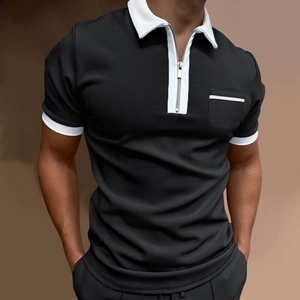 Men's slim fit black polo shirt with white contrast trim and zipper chest pocket detail