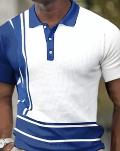Detailed close-up of breathable waffle knit fabric on men's blue and white polo shirt