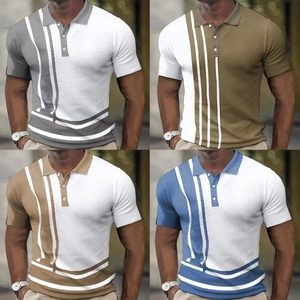 Men Fashion Color Block Striped Short Sleeve Polo Shirt Casual Waffle Knit Patchwork Tops With Three Buttons Clothing