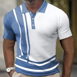 Close-up of men's blue polo shirt showing waffle texture and white striped details