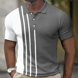 Detail of grey waffle knit polo shirt with vertical stripes and three-button collar