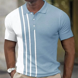 Detailed close-up of blue waffle knit polo shirt showing vertical stripes and texture