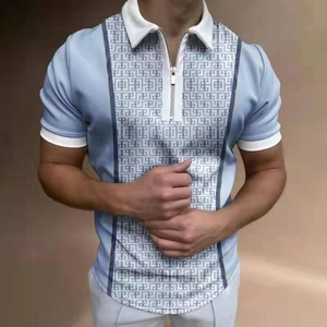 Detail of men's polo shirt featuring zipper collar and grey Greek key pattern design
