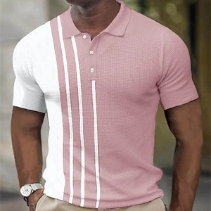 Detail shot of men's pink waffle knit polo shirt with color block and stripe design