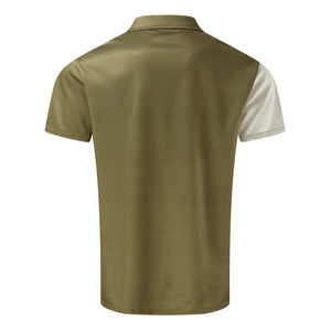 Back view of men's olive green polo shirt with waffle knit fabric and contrast sleeve