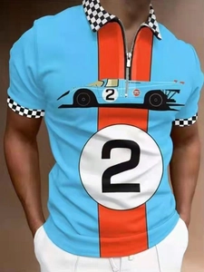 Detail of light blue racing polo with checkerboard collar and number 2 print