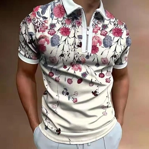 Detail of men's polo shirt featuring white zipper collar and colorful floral digital print