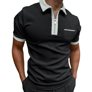 Slim fit men's black short sleeve polo shirt with gray contrast trim and zipper collar