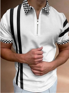 Close-up of white short-sleeve polo shirt with zipper and checkerboard pattern trim