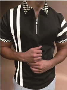Detail of slim fit men polo shirt with checkerboard collar and zipper neckline