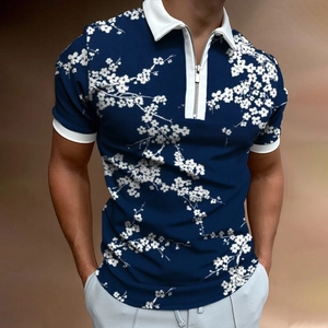 Men's navy blue short sleeve polo shirt with white floral print and zipper neck collar