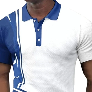 Men's white waffle knit polo shirt with navy blue geometric stripe and 3-button collar