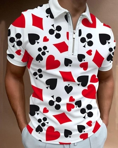 Detailed close-up of men's polo shirt with zipper collar and poker card patterns