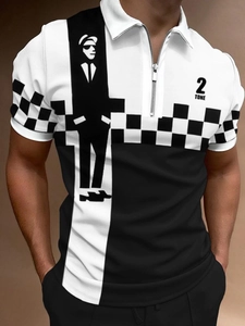 Detail of men's polo shirt with quarter zip and Ska style checkerboard logo print