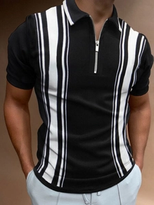Detail shot of men's polo shirt with zip neckline and white vertical stripe pattern