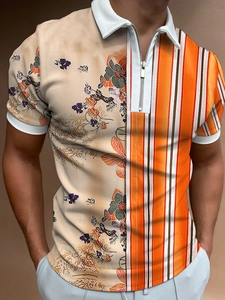 Detail of men's polo shirt featuring vintage floral print and orange vertical stripes