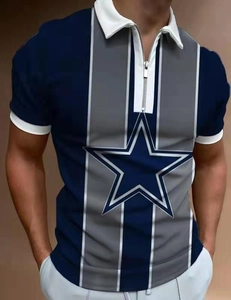 Detail view of men's polo shirt featuring a zipper collar and blue-grey striped pattern