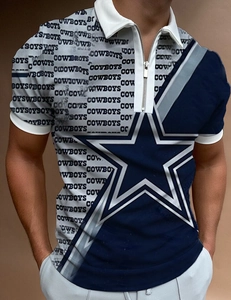 Detail of men's polo with Dallas Cowboys logo, star print and zipper neckline