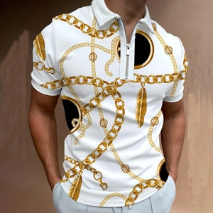 Detail of white men's polo shirt featuring gold chain and feather prints with a zipper collar