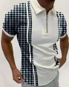 Detailed view of men's slim fit polo shirt featuring zipper neckline and geometric pattern