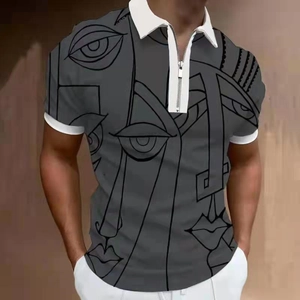 Close-up of grey polo shirt featuring a half-zip neckline and abstract face line art pattern