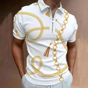 Detail of white men's polo shirt with gold chain print and silver zipper placket