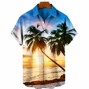 Close-up of tropical sunset digital print with palm trees on men's holiday shirt