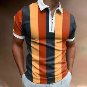 Detail of men's polo shirt with orange and navy stripes and a metal zipper collar