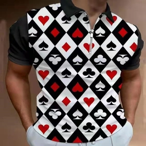 Detail of men's polo shirt featuring a poker card suit pattern and zipper neckline