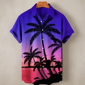 Men's Summer Casual Short Sleeve Hawaiian Shirt Tropical Palm Tree Print Turn Down Collar Button Down Beach Shirt