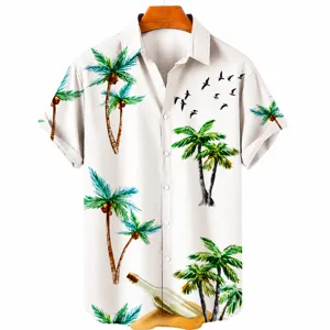 Detail of tropical print shirt featuring palm trees, message bottles, and birds on fabric