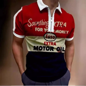 Men's retro color block polo shirt with zipper and vintage Esso oil motor print