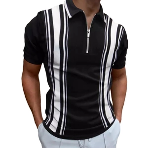 Men's slim fit short sleeve Polo shirt featuring vertical black and white stripes and zipper