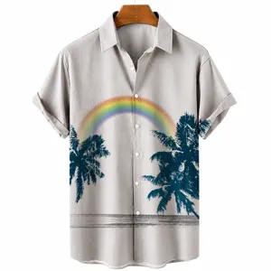 Men's short sleeve summer shirt with 3D rainbow and palm tree print on light gray background