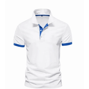 Close-up of white polo shirt with blue contrast trim on collar and sleeves