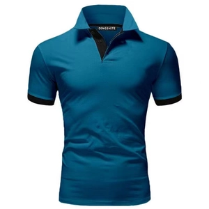 Detailed view of short-sleeve blue polo shirt with black collar trim and slim fit design