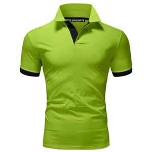 Detail view of lime green polo shirt with contrast black trim on the collar and cuffs