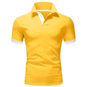 Detail of yellow short-sleeve polo shirt featuring contrast white collar and cuffs