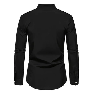 Rear view of men's slim fit black long sleeve shirt with classic turn-down collar