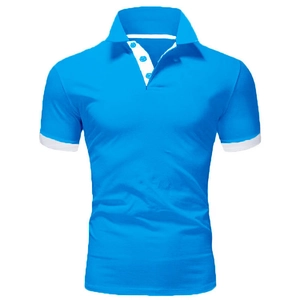 Detailed close-up of blue polo shirt showing white collar trim and button placket