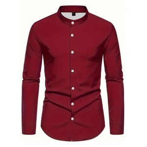 Men's slim fit burgundy long sleeve shirt with mandarin collar and white buttons