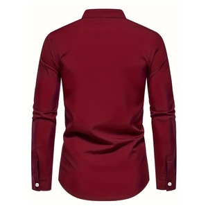 Back view of slim fit wine red long sleeve dress shirt with smooth silky texture