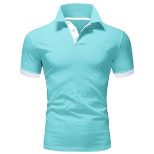 Detail of teal men's slim fit polo shirt with white contrast collar and textured fabric