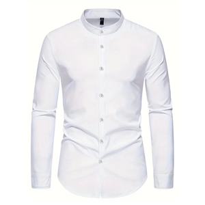 Slim fit men's white long sleeve shirt with a mandarin collar and button-down front style