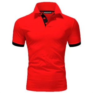 Detail of red men's polo shirt showing black contrast collar and buttoned placket